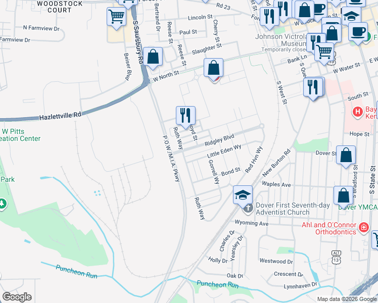 map of restaurants, bars, coffee shops, grocery stores, and more near 525 Little Eden Way in Dover