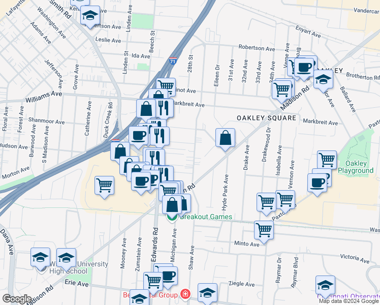 map of restaurants, bars, coffee shops, grocery stores, and more near 3814 Millsbrae Avenue in Cincinnati