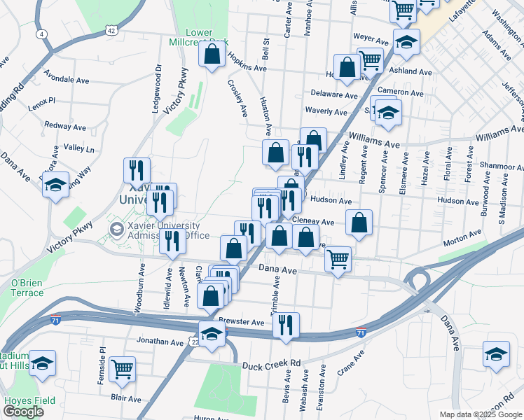 map of restaurants, bars, coffee shops, grocery stores, and more near 1778 Cleneay Avenue in Cincinnati