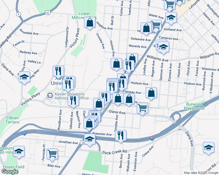 map of restaurants, bars, coffee shops, grocery stores, and more near 1778 Cleneay Avenue in Cincinnati