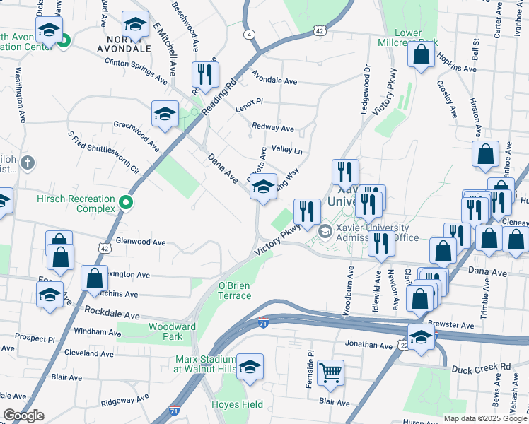 map of restaurants, bars, coffee shops, grocery stores, and more near 1027 Dana Avenue in Cincinnati