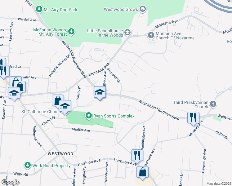 map of restaurants, bars, coffee shops, grocery stores, and more near 2584 Westwood Northern Boulevard in Cincinnati