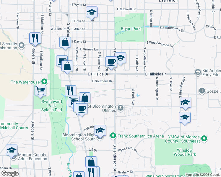 map of restaurants, bars, coffee shops, grocery stores, and more near 1710 South Henderson Street in Bloomington