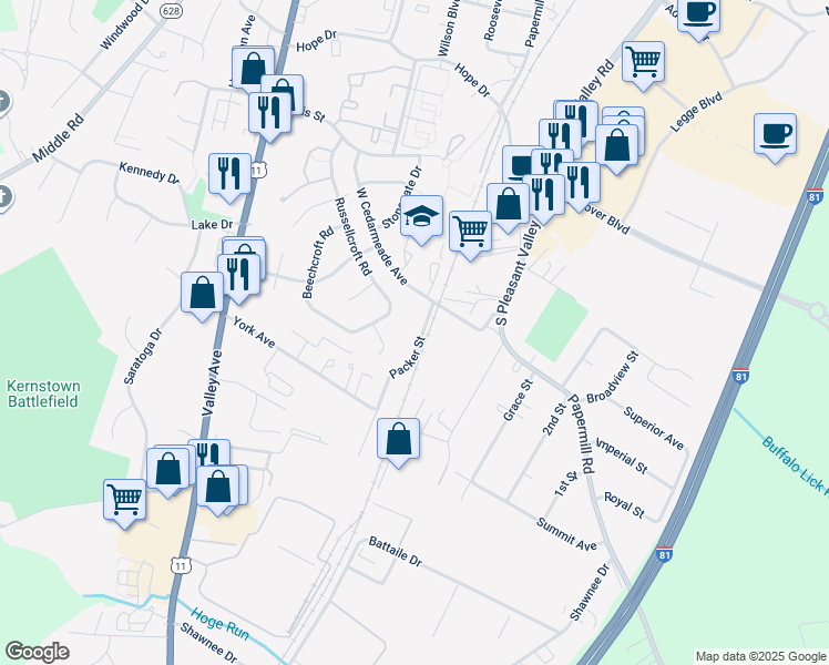 map of restaurants, bars, coffee shops, grocery stores, and more near 2845 Packer St in Winchester