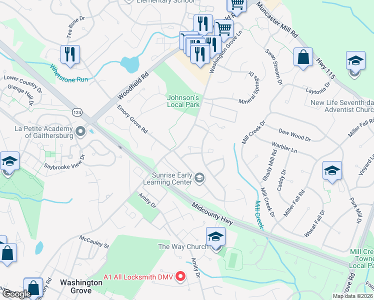 map of restaurants, bars, coffee shops, grocery stores, and more near 6 Cottonwood Court in Gaithersburg