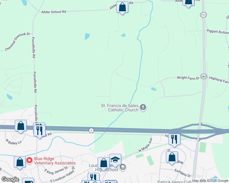 map of restaurants, bars, coffee shops, grocery stores, and more near 16914 Carmichael Place in Purcellville