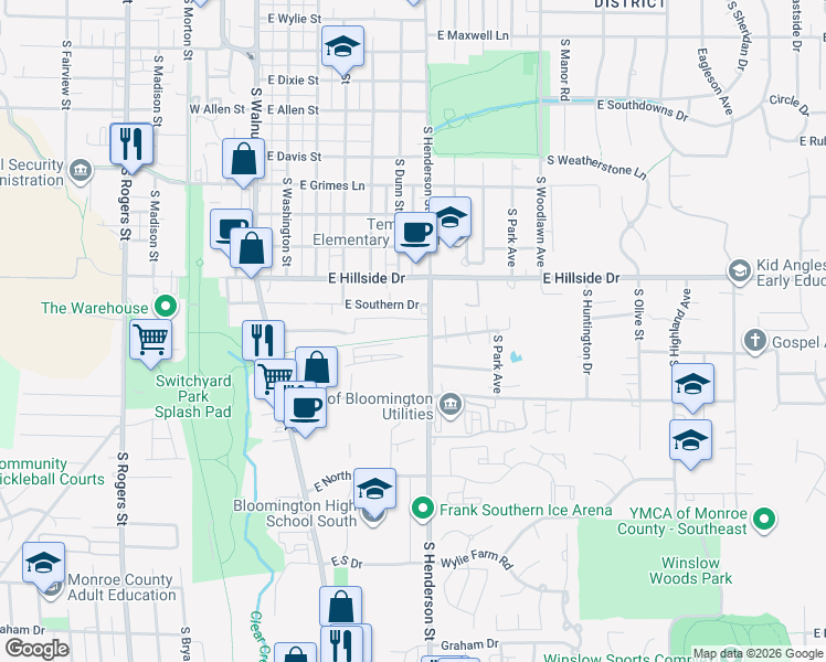 map of restaurants, bars, coffee shops, grocery stores, and more near 1710 South Henderson Street in Bloomington