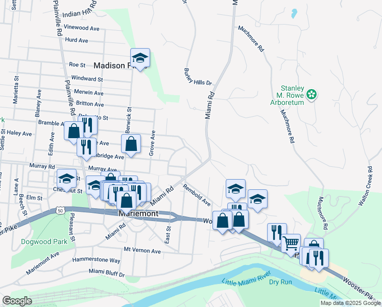 map of restaurants, bars, coffee shops, grocery stores, and more near 7003 Rowan Hill Drive in Cincinnati