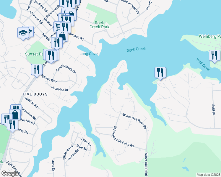 map of restaurants, bars, coffee shops, grocery stores, and more near 7656 Water Oak Point Road in Pasadena