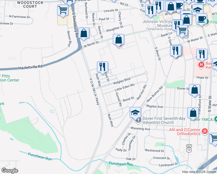 map of restaurants, bars, coffee shops, grocery stores, and more near 623 Bank Barn Way in Dover