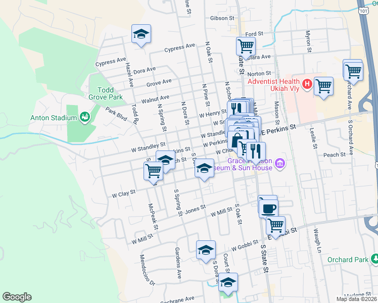 map of restaurants, bars, coffee shops, grocery stores, and more near 603 West Perkins Street in Ukiah