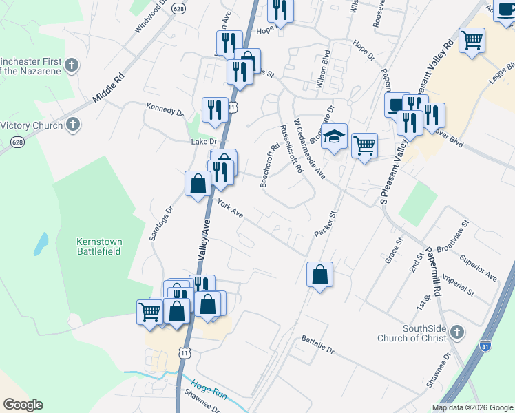 map of restaurants, bars, coffee shops, grocery stores, and more near 406 Cornwallis Court in Winchester
