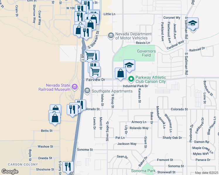 map of restaurants, bars, coffee shops, grocery stores, and more near 465 Industrial Park Drive in Carson City