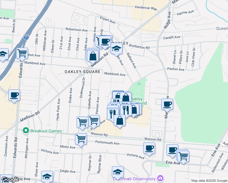 map of restaurants, bars, coffee shops, grocery stores, and more near 3923 Oak Park Place in Cincinnati