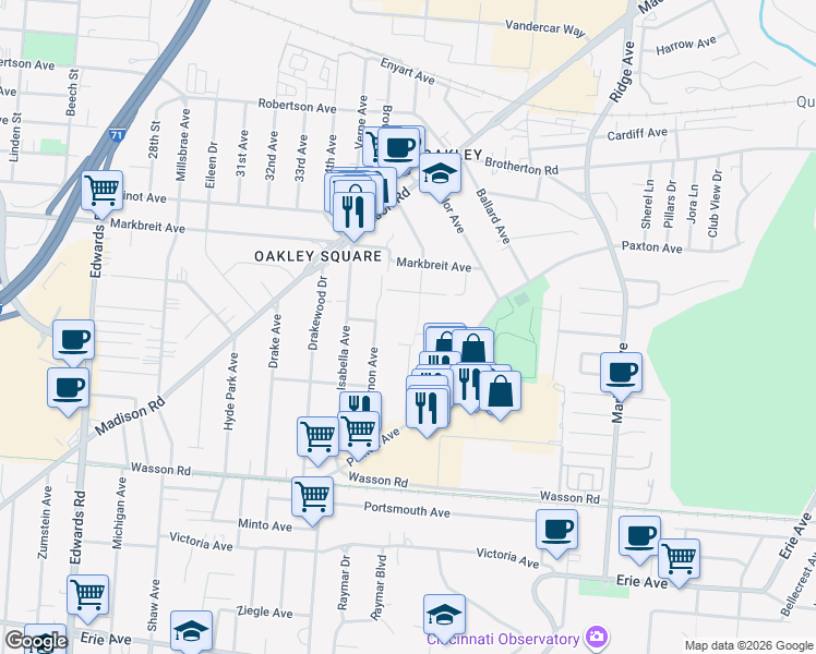 map of restaurants, bars, coffee shops, grocery stores, and more near 3801 Ferdinand Place in Cincinnati