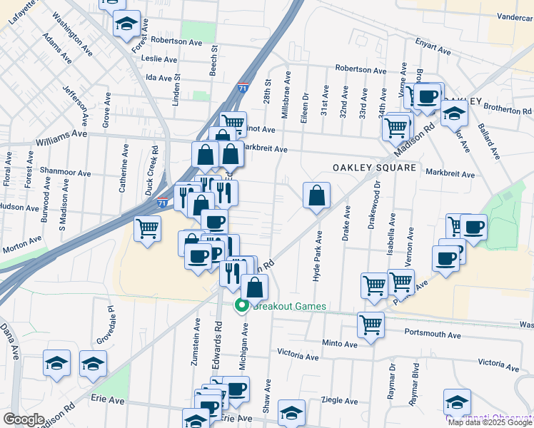 map of restaurants, bars, coffee shops, grocery stores, and more near 3814 Millsbrae Avenue in Cincinnati