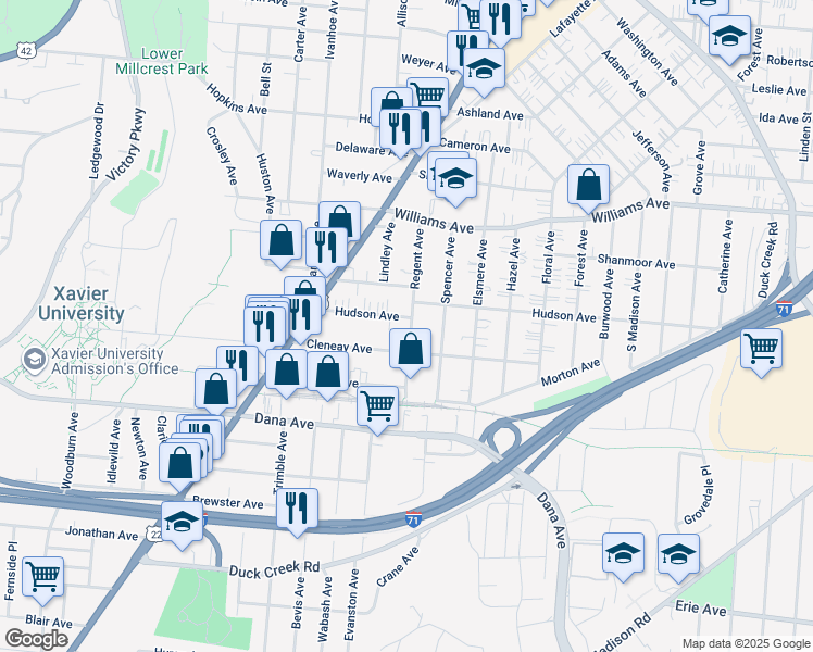 map of restaurants, bars, coffee shops, grocery stores, and more near 2110 Cleneay Avenue in Norwood