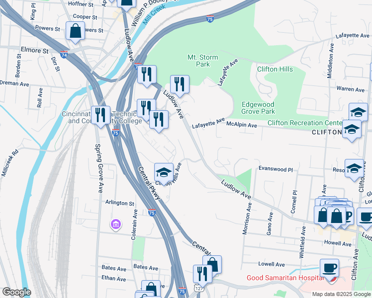 map of restaurants, bars, coffee shops, grocery stores, and more near 864 Clifton Crest Terrace in Cincinnati