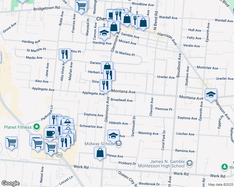 map of restaurants, bars, coffee shops, grocery stores, and more near 3306 Broadwell Avenue in Cincinnati