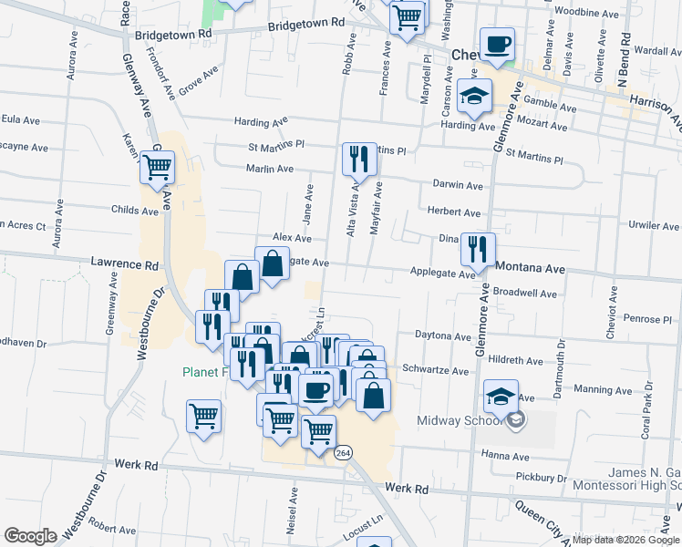 map of restaurants, bars, coffee shops, grocery stores, and more near 3620 Fieldcrest Drive in Cincinnati