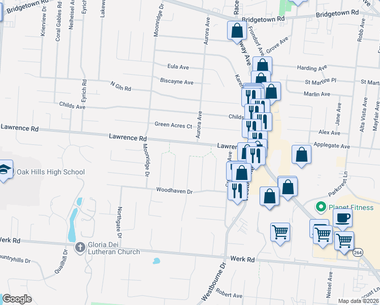map of restaurants, bars, coffee shops, grocery stores, and more near 3385 Bellehaven Court in Cincinnati