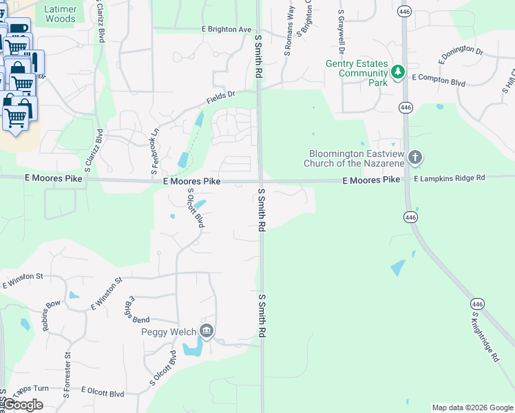 map of restaurants, bars, coffee shops, grocery stores, and more near 1422-1460 South Smith Road in Bloomington