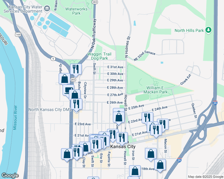 map of restaurants, bars, coffee shops, grocery stores, and more near 336 East 27th Avenue in North Kansas City