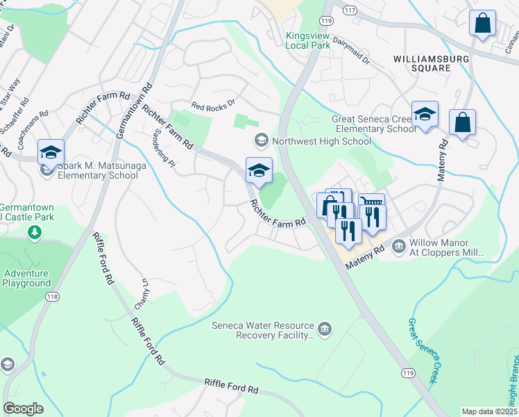 map of restaurants, bars, coffee shops, grocery stores, and more near 13501 Richter Farm Road in Germantown