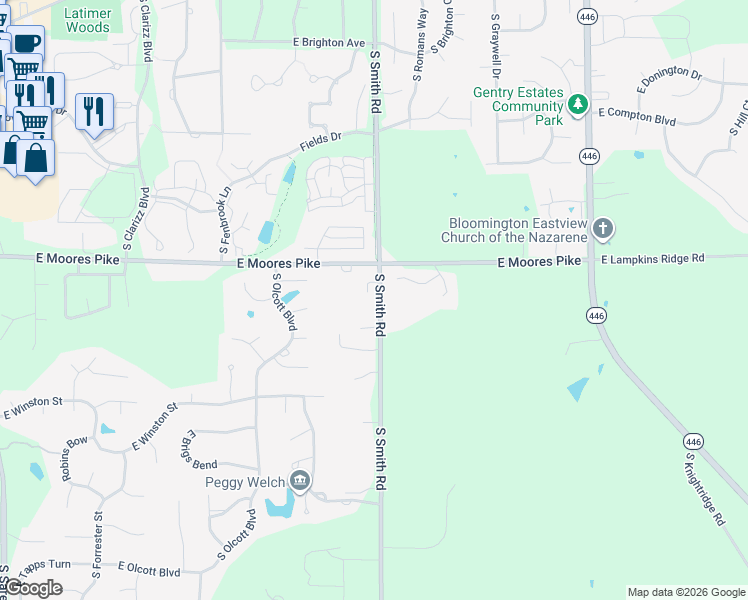 map of restaurants, bars, coffee shops, grocery stores, and more near 1422-1460 South Smith Road in Bloomington