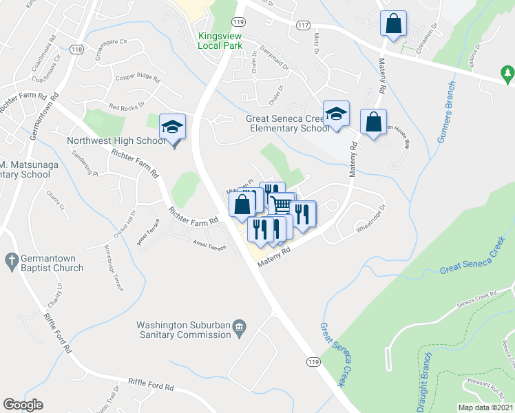 map of restaurants, bars, coffee shops, grocery stores, and more near 18001 Cloppers Mill Terrace in Germantown