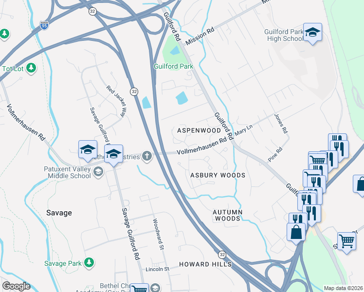 map of restaurants, bars, coffee shops, grocery stores, and more near 8907 Rosewood Way in Jessup