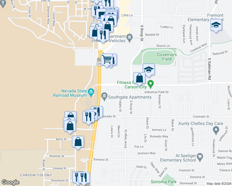 map of restaurants, bars, coffee shops, grocery stores, and more near 367 Industrial Park Drive in Carson City