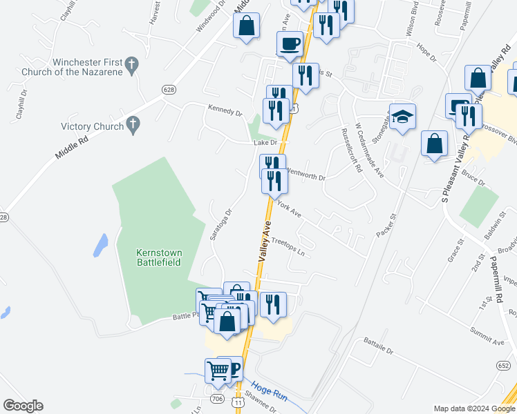 map of restaurants, bars, coffee shops, grocery stores, and more near 2913 Valley Avenue in Winchester