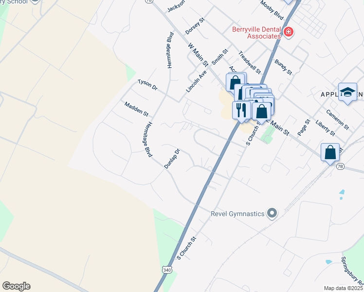 map of restaurants, bars, coffee shops, grocery stores, and more near Marsh Lane in Clarke