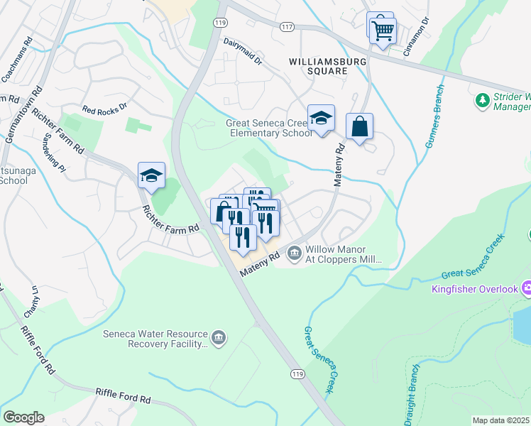 map of restaurants, bars, coffee shops, grocery stores, and more near 18103 Stags Leap Terrace in Germantown