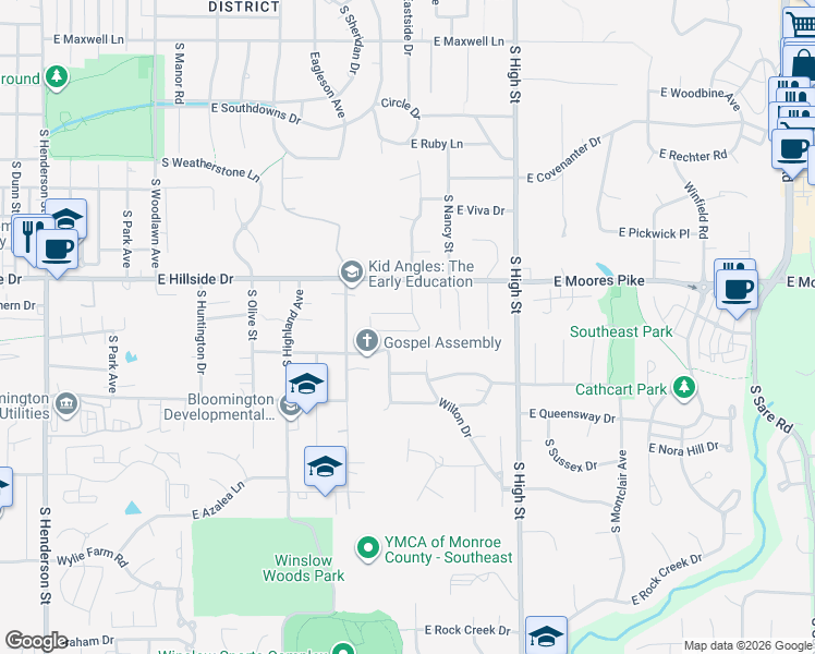 map of restaurants, bars, coffee shops, grocery stores, and more near 1625-1699 East Thornton Drive in Bloomington