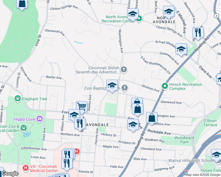 map of restaurants, bars, coffee shops, grocery stores, and more near 566 Glenwood Avenue in Cincinnati