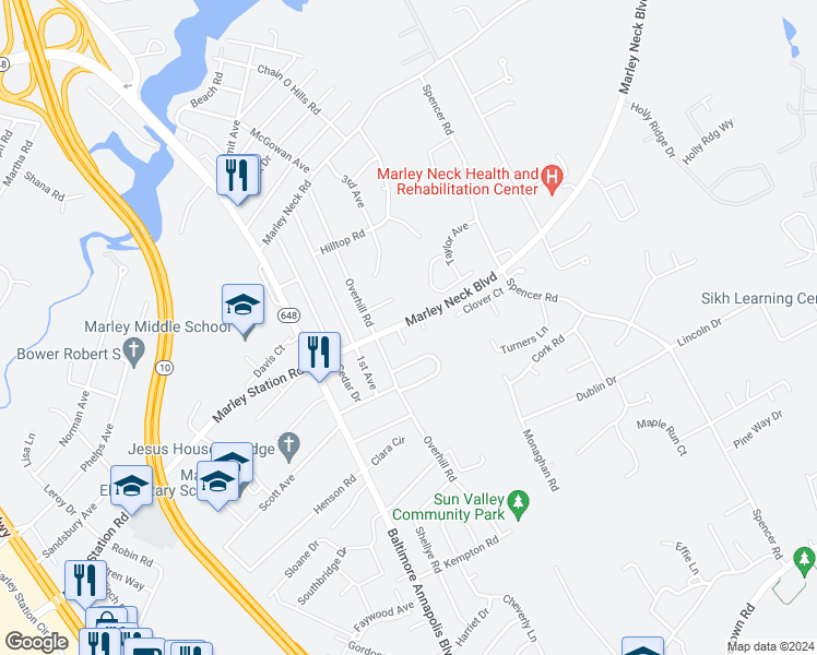 map of restaurants, bars, coffee shops, grocery stores, and more near 400 Marley Neck Boulevard in Glen Burnie