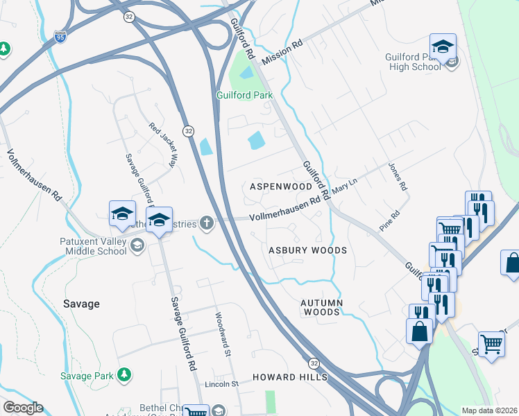 map of restaurants, bars, coffee shops, grocery stores, and more near 8901 Rosewood Way in Jessup