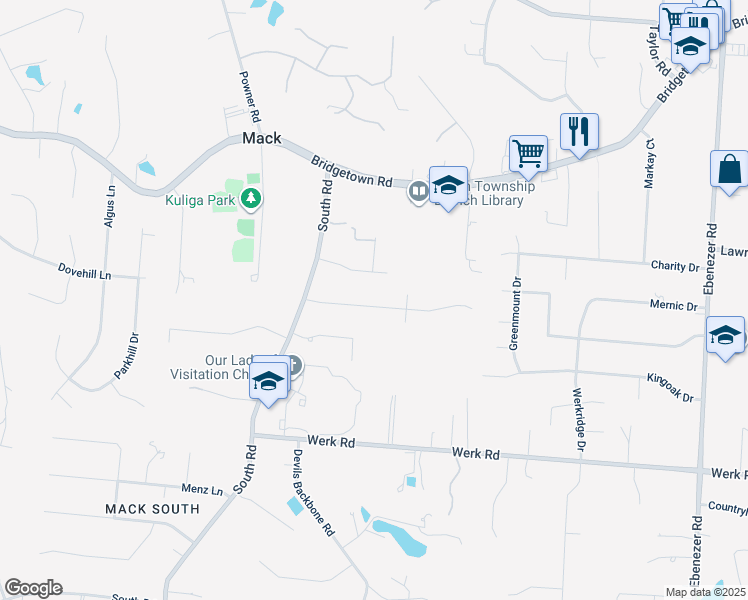 map of restaurants, bars, coffee shops, grocery stores, and more near 6556 Visitation Drive in Cincinnati
