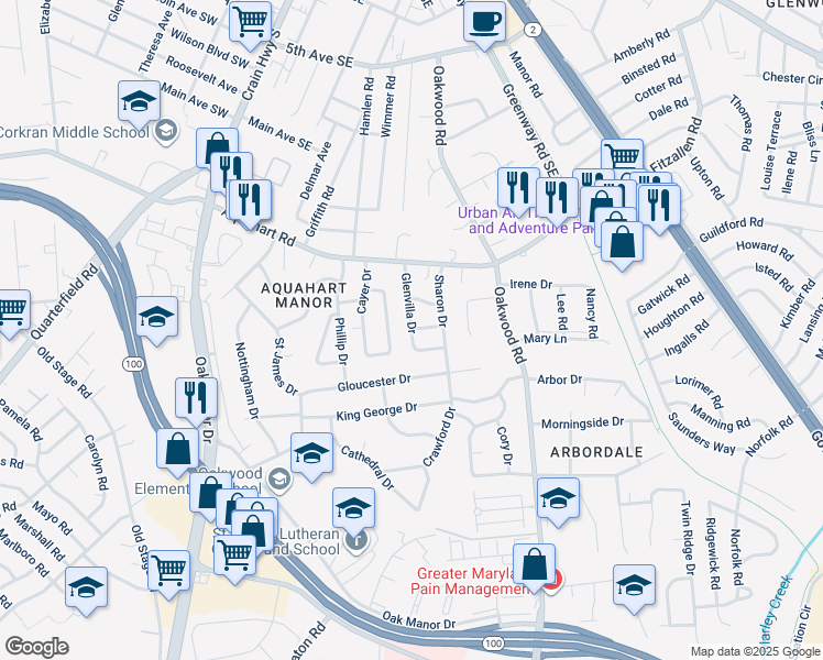 map of restaurants, bars, coffee shops, grocery stores, and more near Oxford Drive in Glen Burnie
