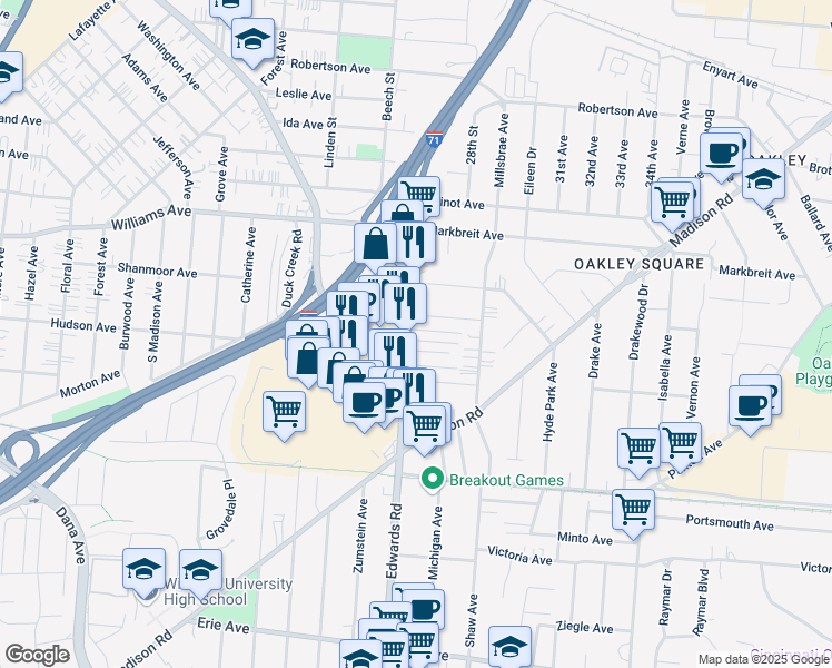 map of restaurants, bars, coffee shops, grocery stores, and more near 2702 Edroy Court in Cincinnati