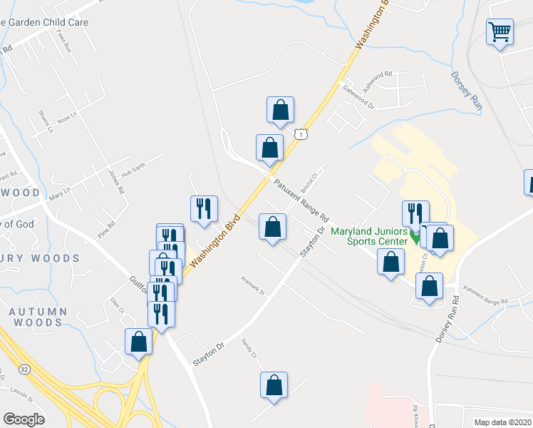 map of restaurants, bars, coffee shops, grocery stores, and more near 8375 Patuxent Range Rd in Jessup