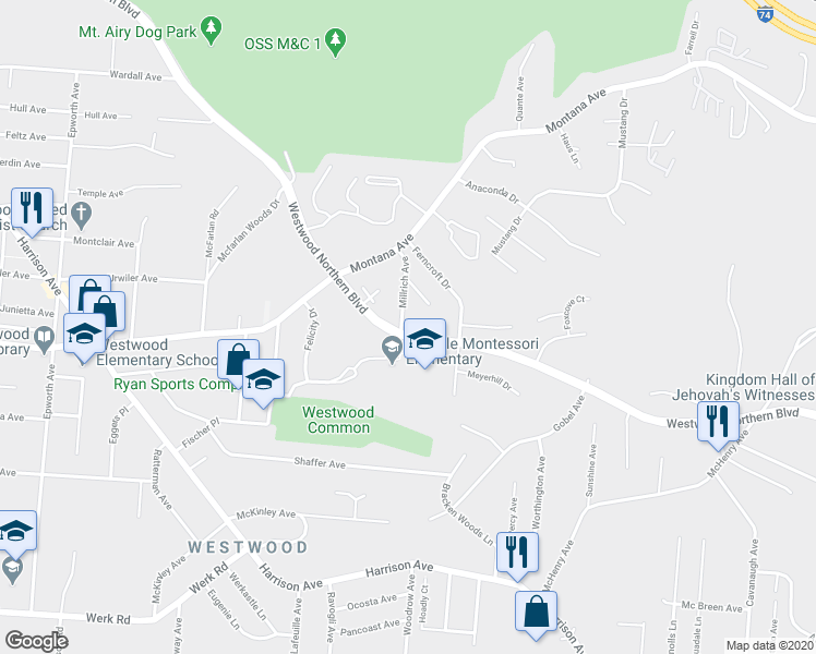map of restaurants, bars, coffee shops, grocery stores, and more near 3400 Millrich Avenue in Cincinnati