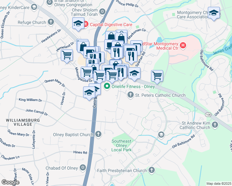 map of restaurants, bars, coffee shops, grocery stores, and more near 3300 Spartan Road in Olney