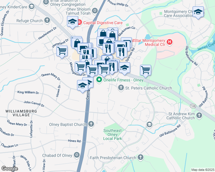 map of restaurants, bars, coffee shops, grocery stores, and more near 3224 Spartan Road in Olney