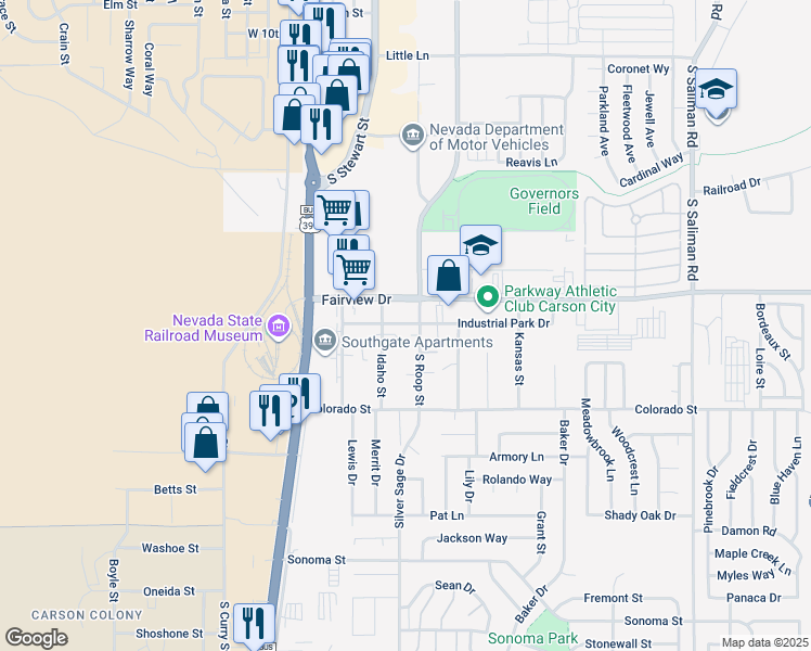 map of restaurants, bars, coffee shops, grocery stores, and more near 2079 East Sheffield Manor in Carson City