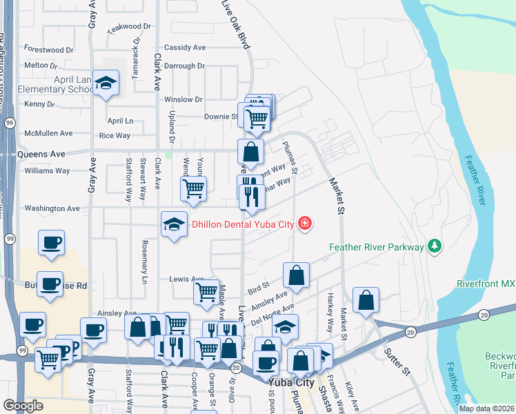 map of restaurants, bars, coffee shops, grocery stores, and more near 1365 Live Oak Boulevard in Yuba City