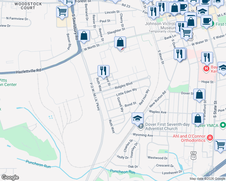 map of restaurants, bars, coffee shops, grocery stores, and more near 623 Bank Barn Way in Dover
