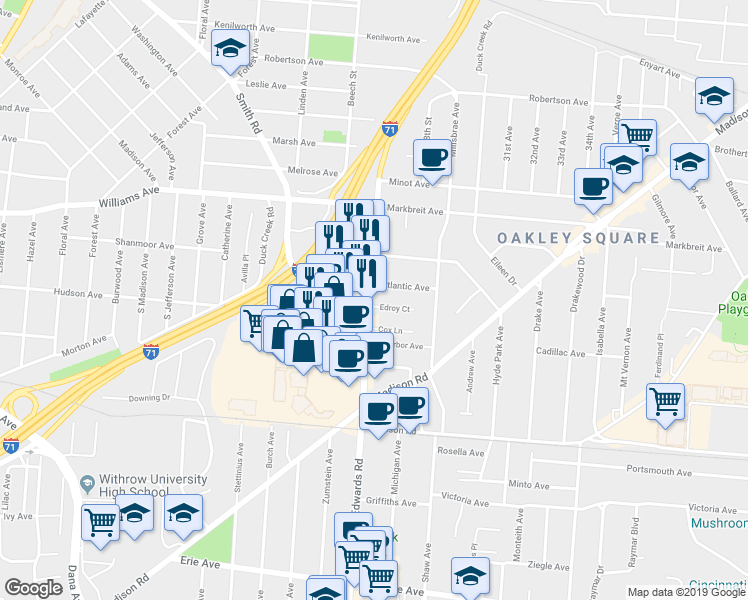 map of restaurants, bars, coffee shops, grocery stores, and more near 2616 Edmondson Road in Cincinnati